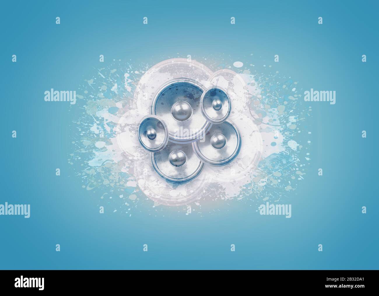 Audio speakers and paint splashes on a glowing blue background with vignette Stock Photo