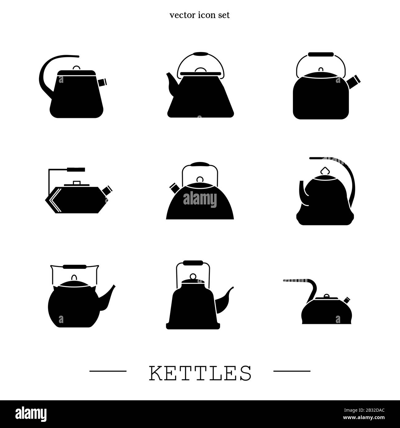 kettles icon black set vector. Teapot logo. kettle gas black sign. Black Kettle with handle icon isolated on white background. Kettle in art style vec Stock Vector