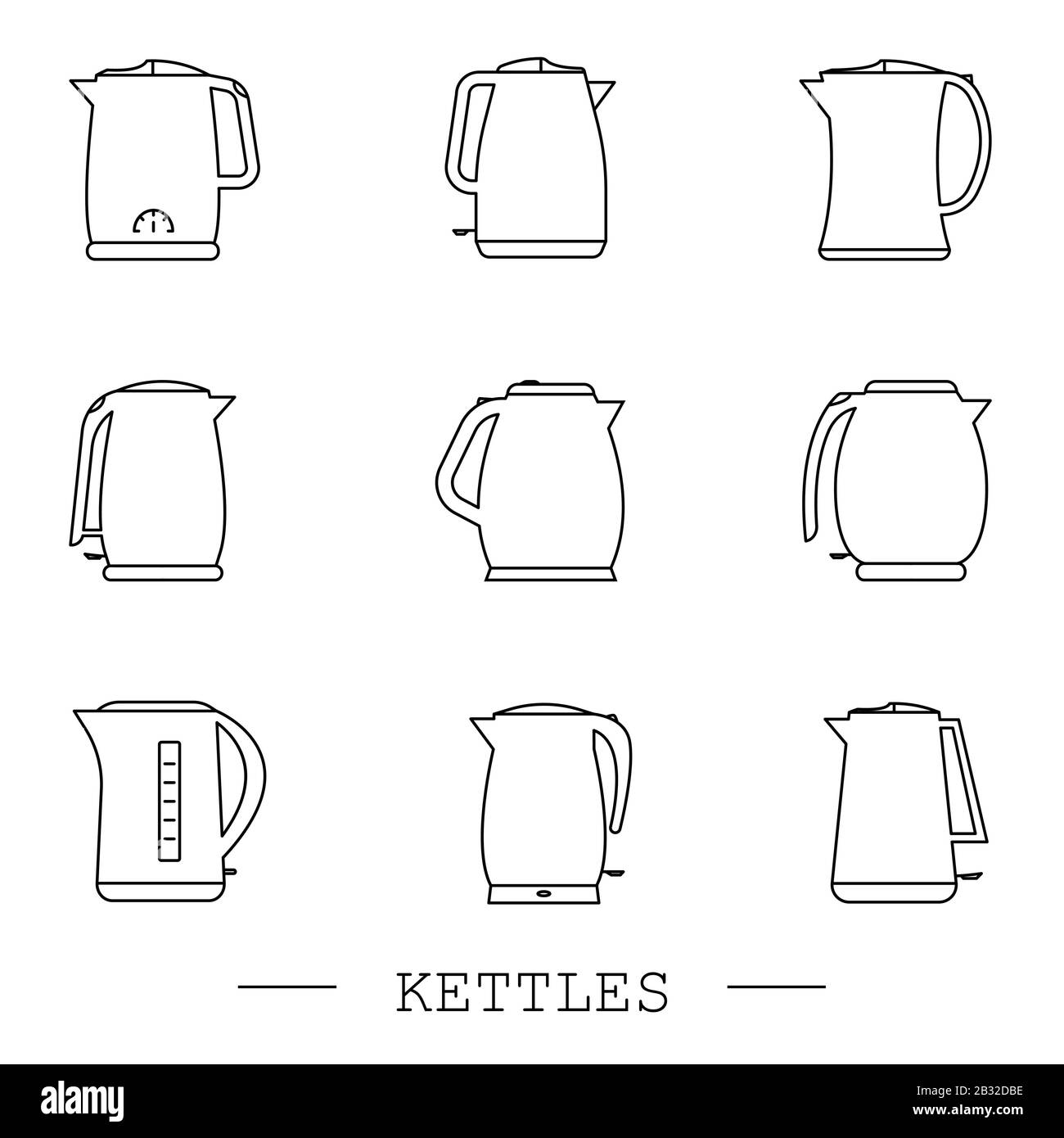 kettles icon line, linear set vector. Teapot logo. kettle electric black thin line, linear. Black Kettle with handle icon isolated on white background Stock Vector