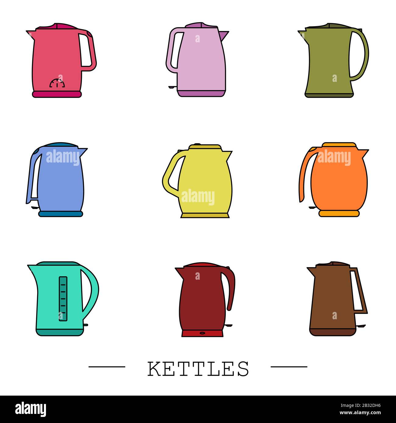 kettles icon color set vector. Teapot logo. kettle electric color. Color Kettle with handle icon isolated on white background. Kettle in line art styl Stock Vector