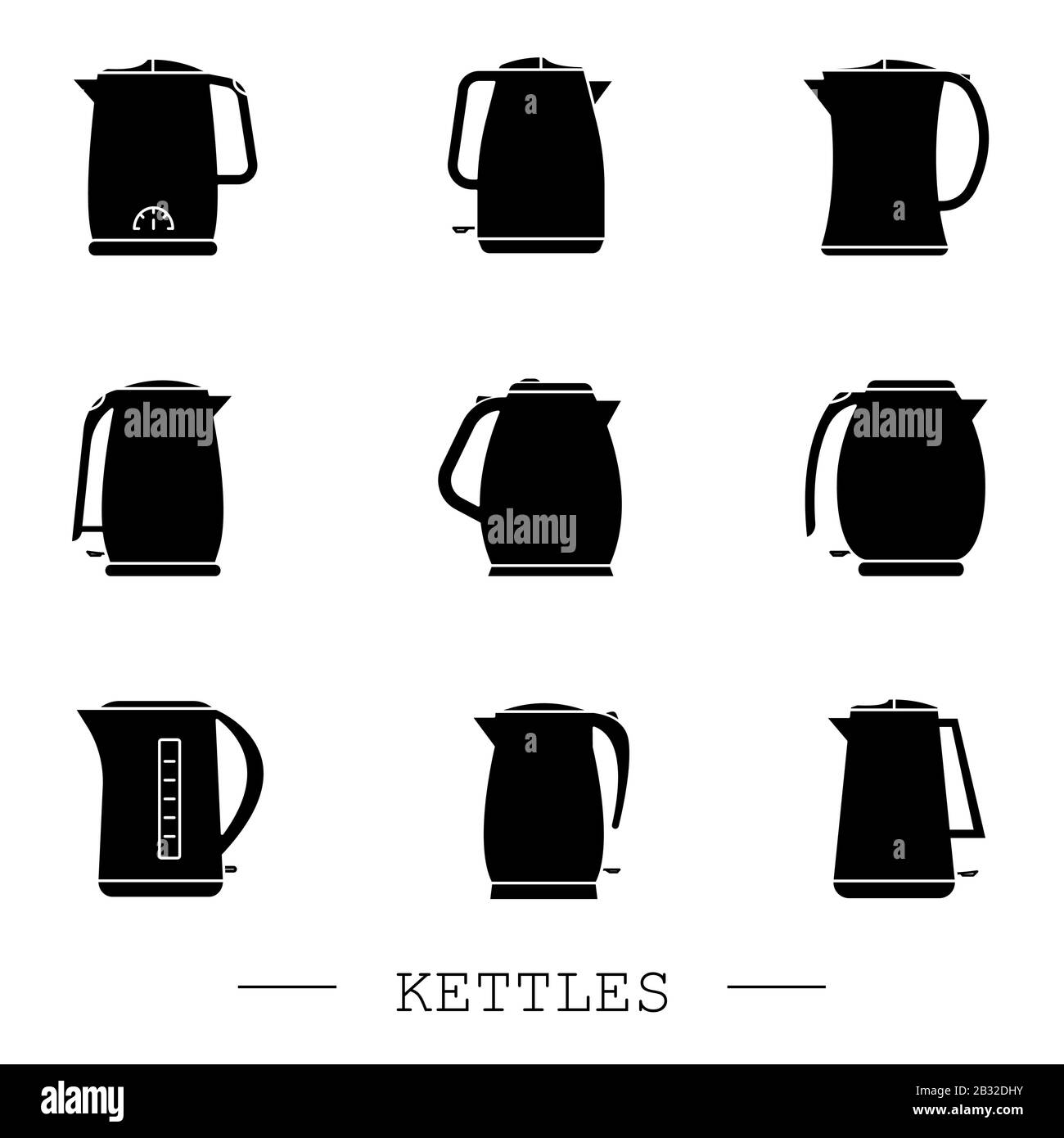 kettles icon set vector. Teapot logo. kettle electric black. Black Kettle with handle icon isolated on white background. Kettle in art style vector ic Stock Vector