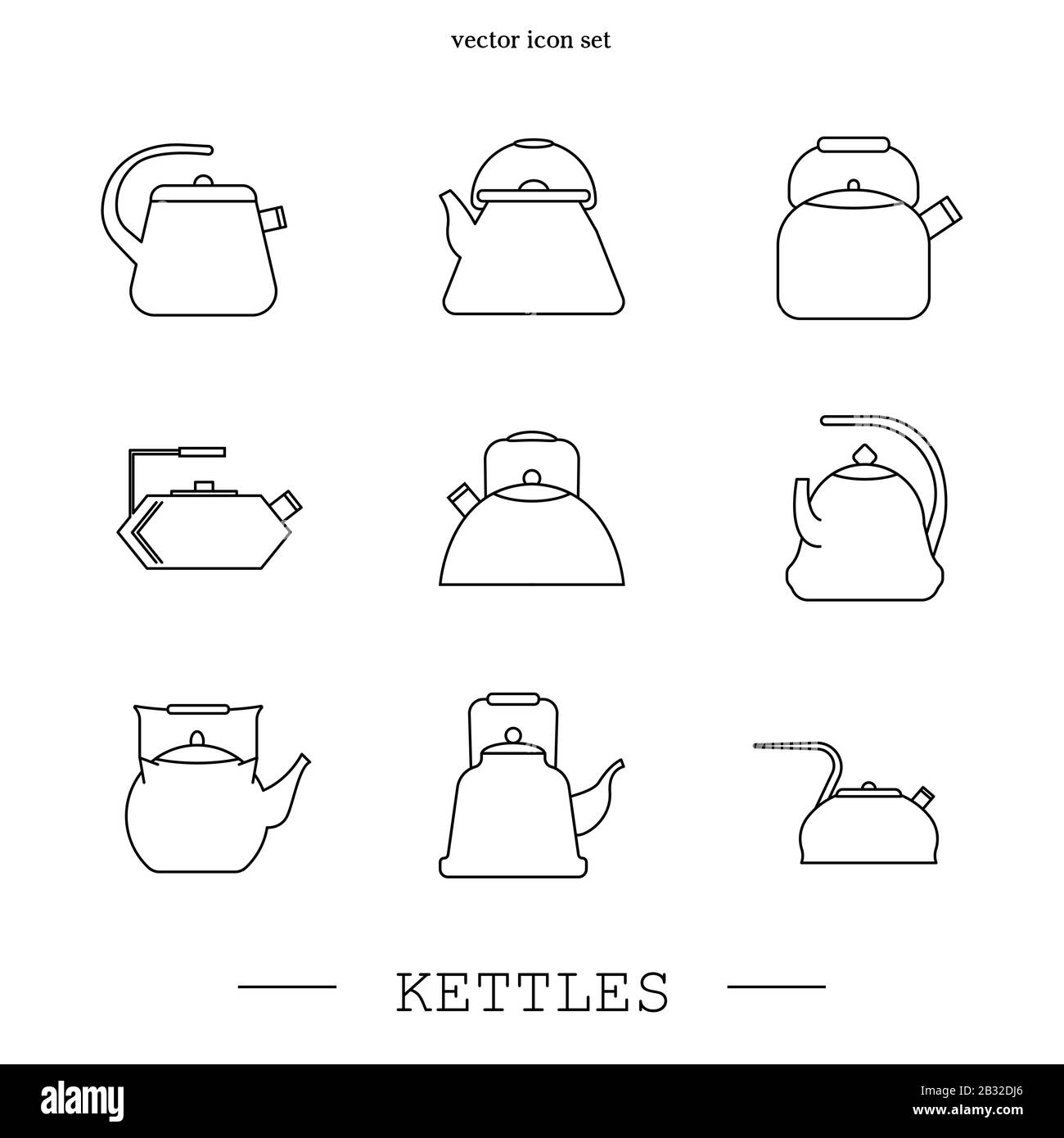 kettles icon line, linear set vector. Teapot logo. kettle gas black thin line, linear. Black Kettle with handle icon isolated on white background. Ket Stock Vector