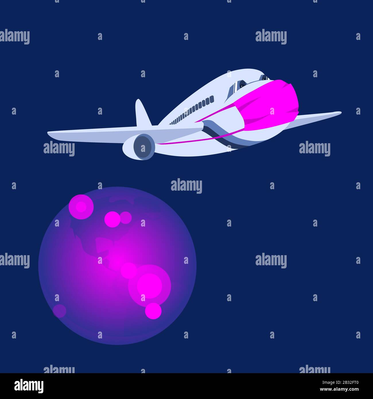 Coronavirus epidemic outbreak concept on Earth. A plane in a protective mask in the sky over a planet affected by the foci of the pneumonia virus. Pan Stock Vector