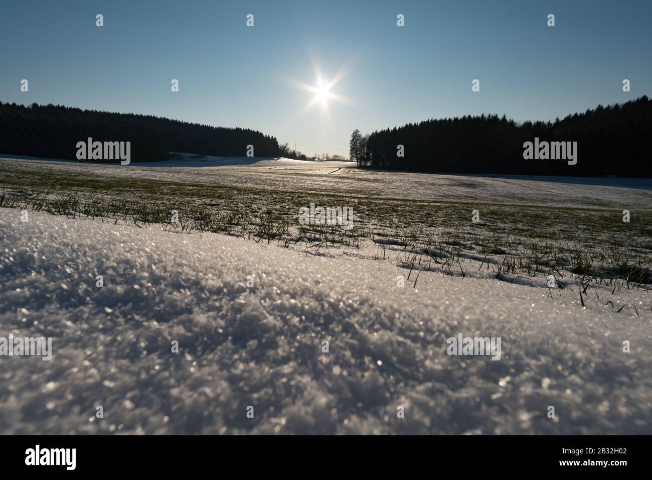 Impressions from a beautiful snowy winter wonderland forest with sun rays Stock Photo