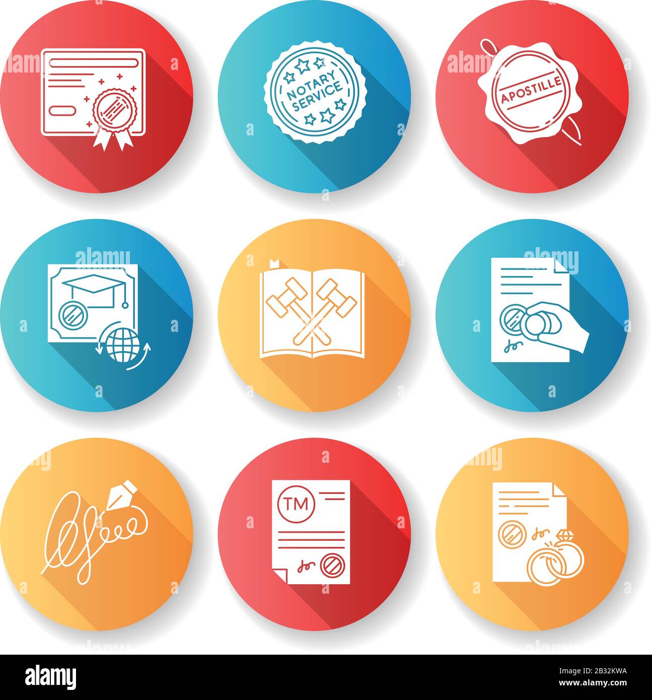 Notary services flat design long shadow glyph icons set. Apostille and ...