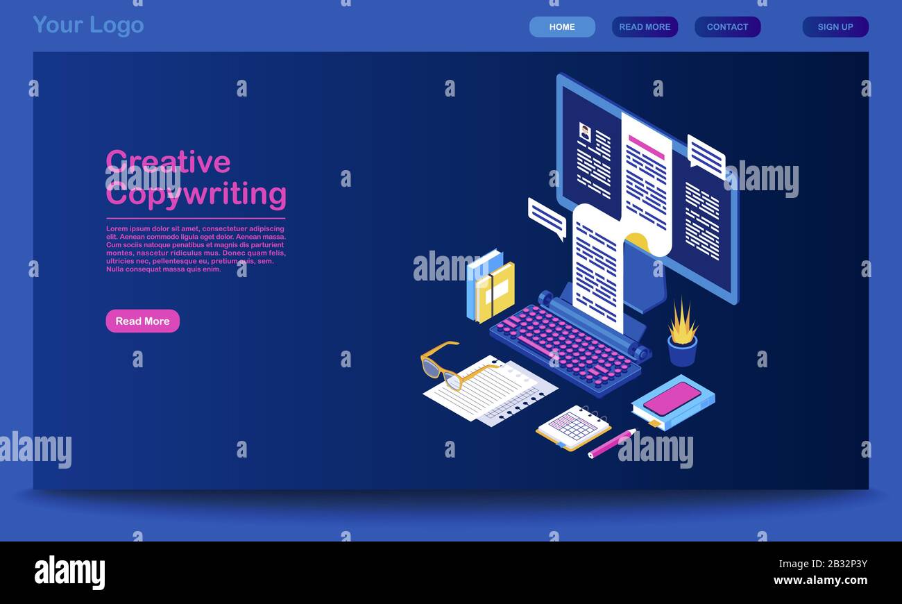 Creative copywriting landing page vector template. Content writing website interface idea with flat illustrations. Digital marketing tool, blogging Stock Vector