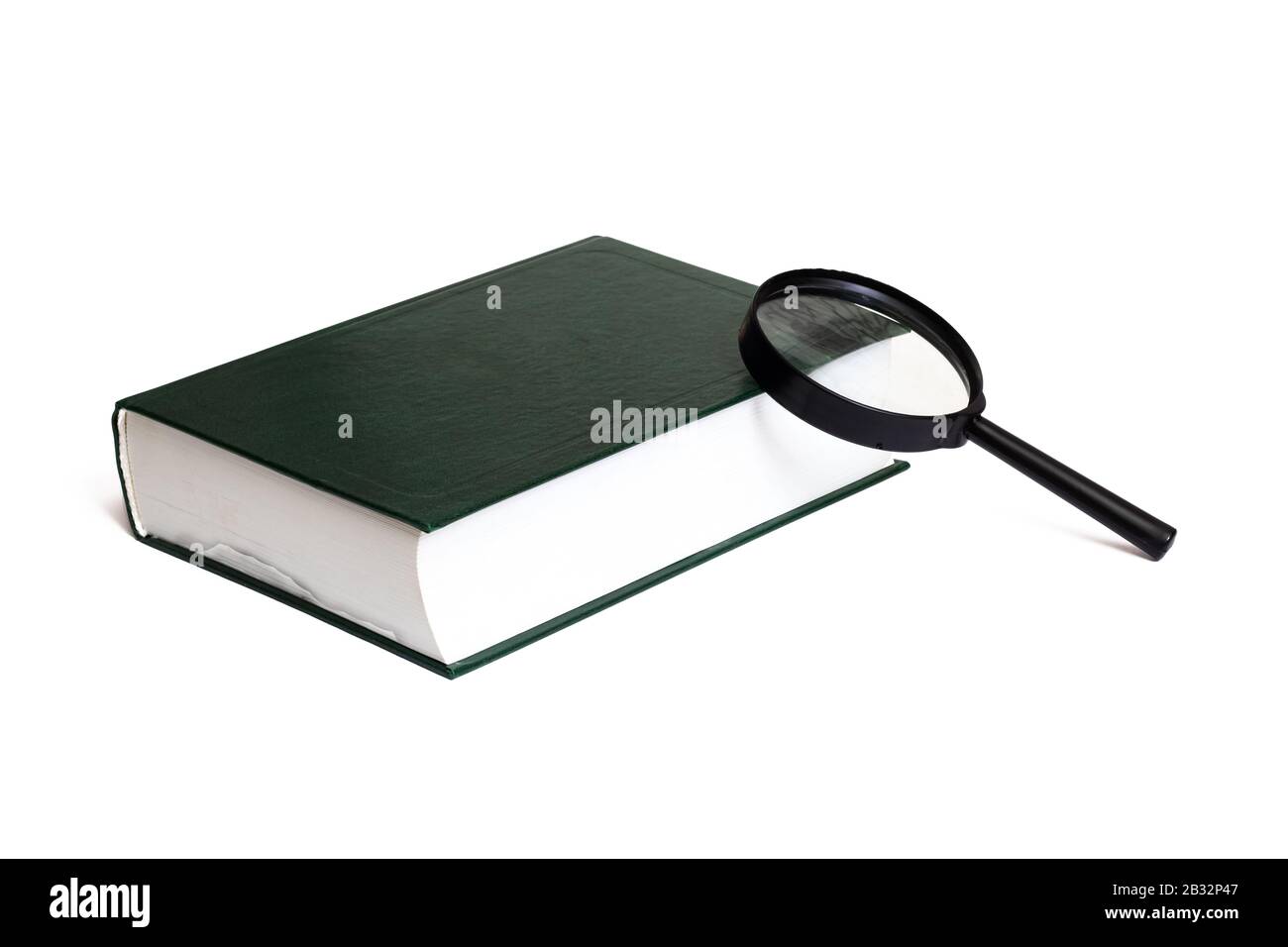 Green cover book and magnifier isolated on white background Stock Photo