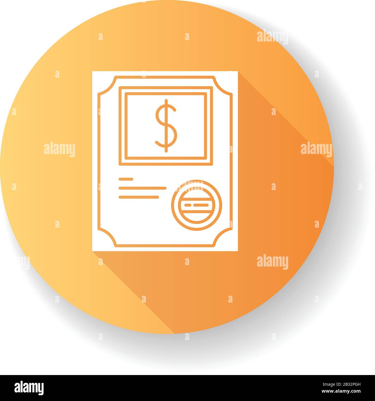 Stock certificate orange flat design long shadow glyph icon. Corporate