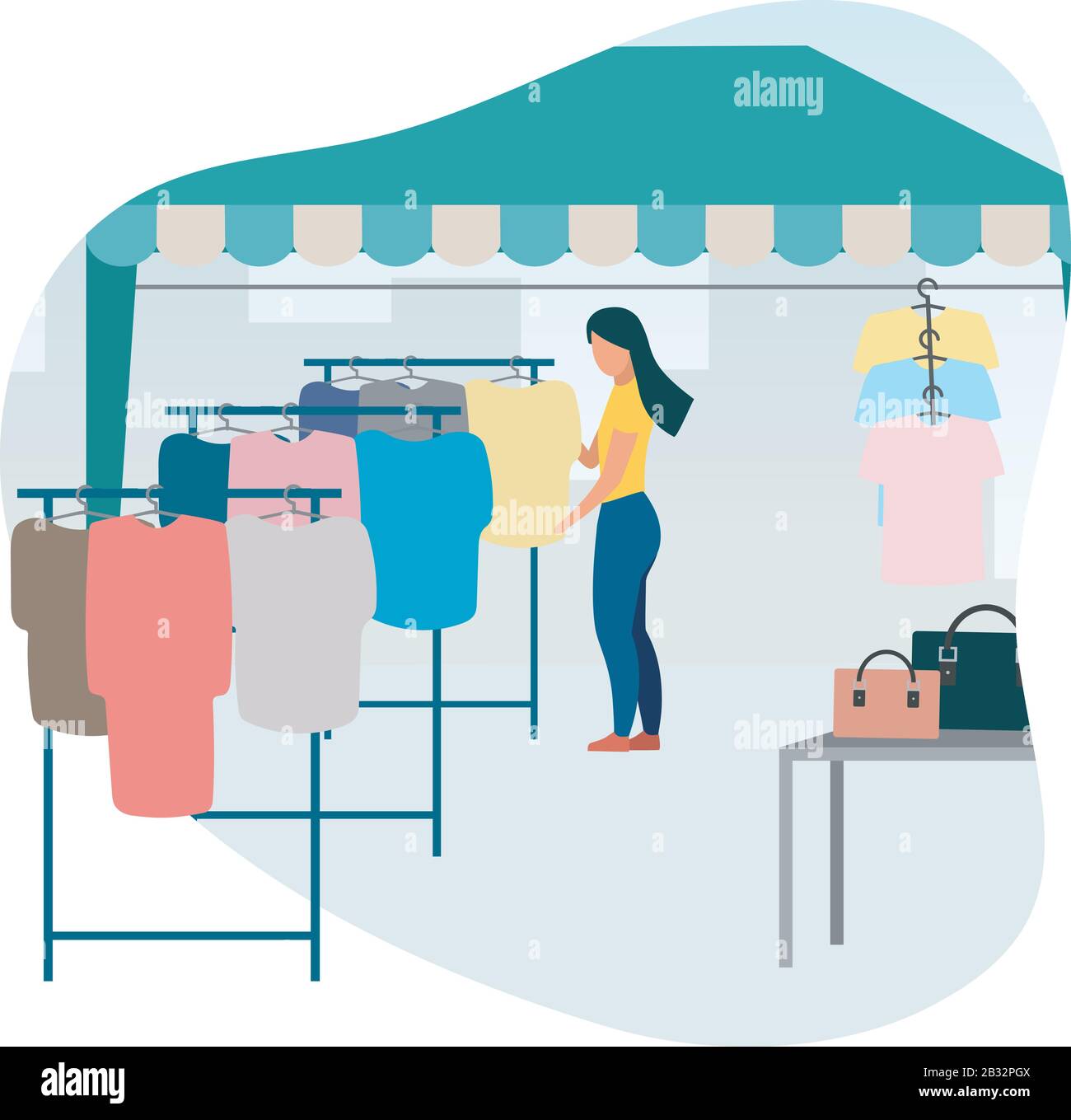 Woman buying clothes at street market flat vector illustration. Trade tent,  fair awning. Buyer at outdoor local clothing store, shop cartoon character  Stock Vector Image & Art - Alamy