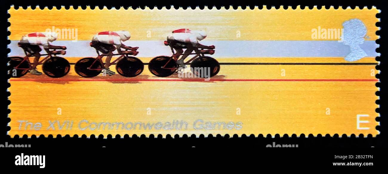 Postage stamp. Great Britain. Queen Elizabeth II. The XVII Commonwealth Games, Manchester. Cycling. E. Stock Photo