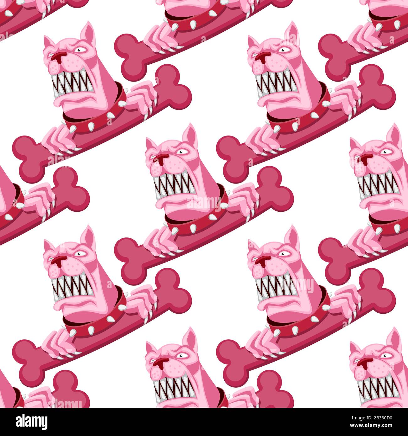seamless pattern angry pink dog with a bone and a collar on a white background. Vector image Stock Vector