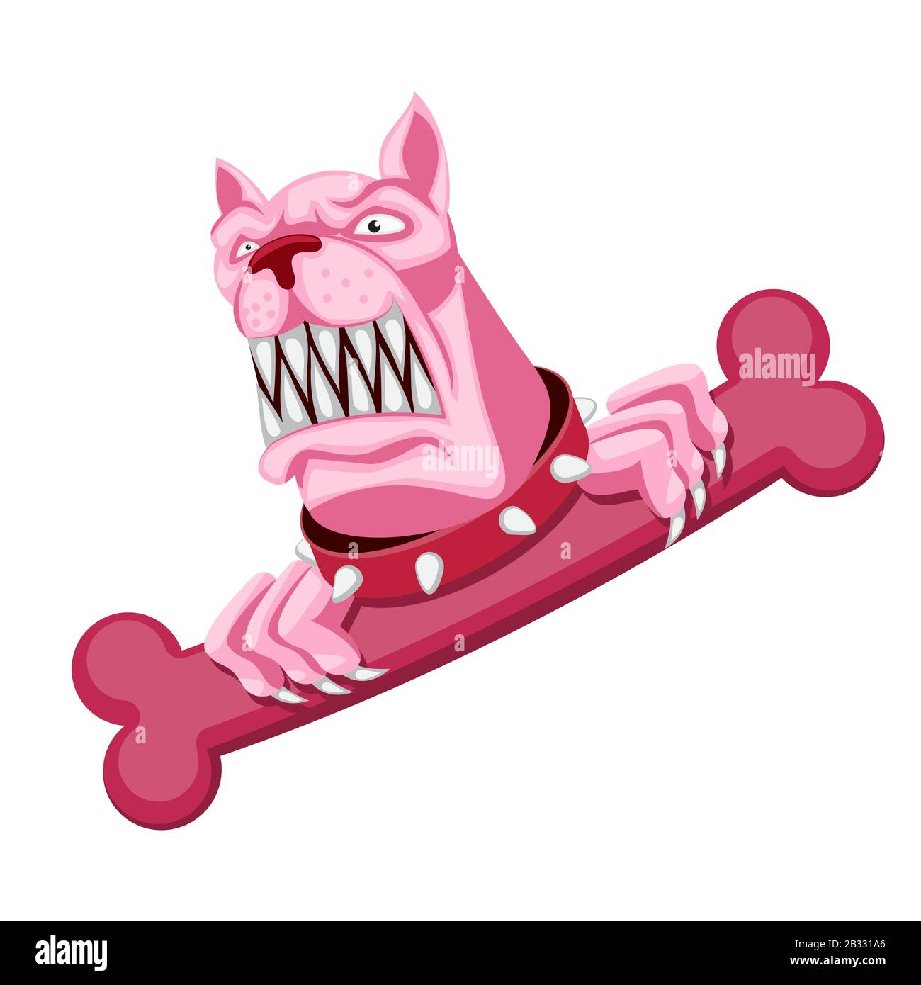 The character is a pink angry dog with a bone and collar on a white isolated background. Vector image Stock Vector