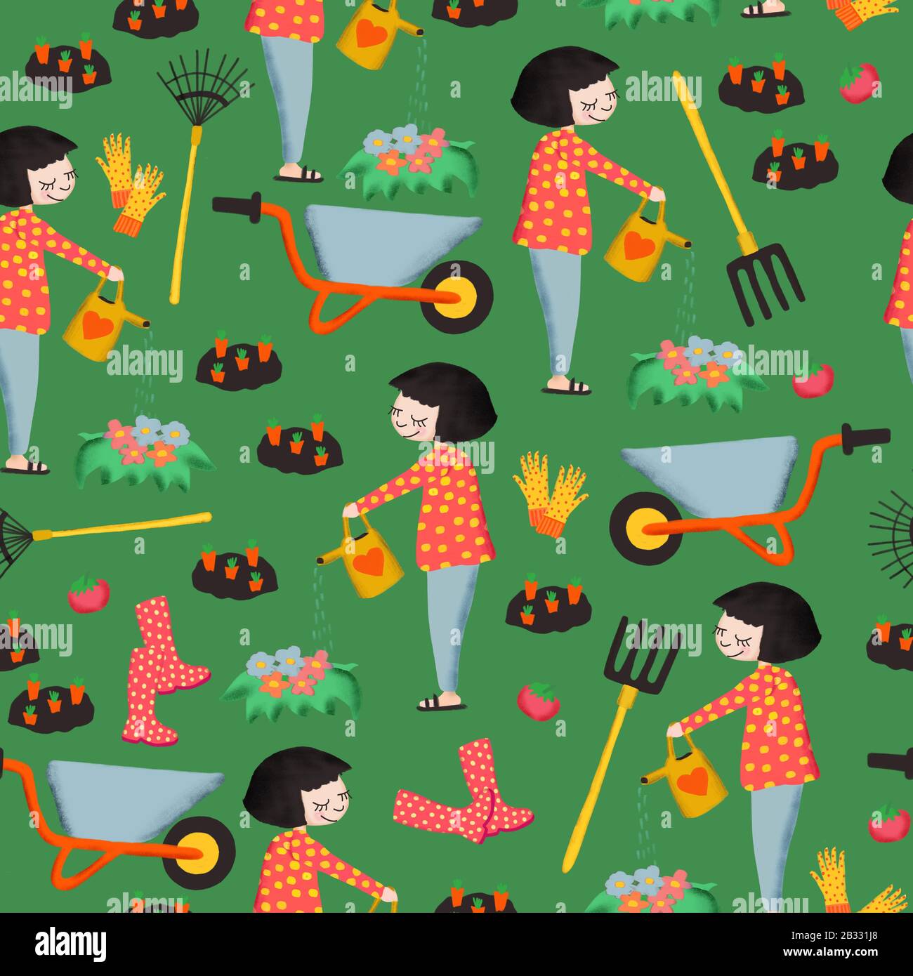 Gardening seamless pattern. Woman with watering can, flowers ...