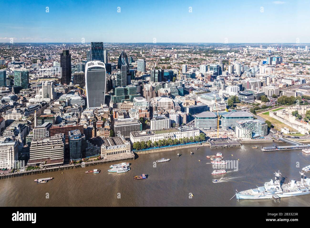 View over the City of London financial district with Tower 42, the Walkie-Talkie, Cheesegrater, the Gherkin  and the Willis Building skyscrapers. Stock Photo