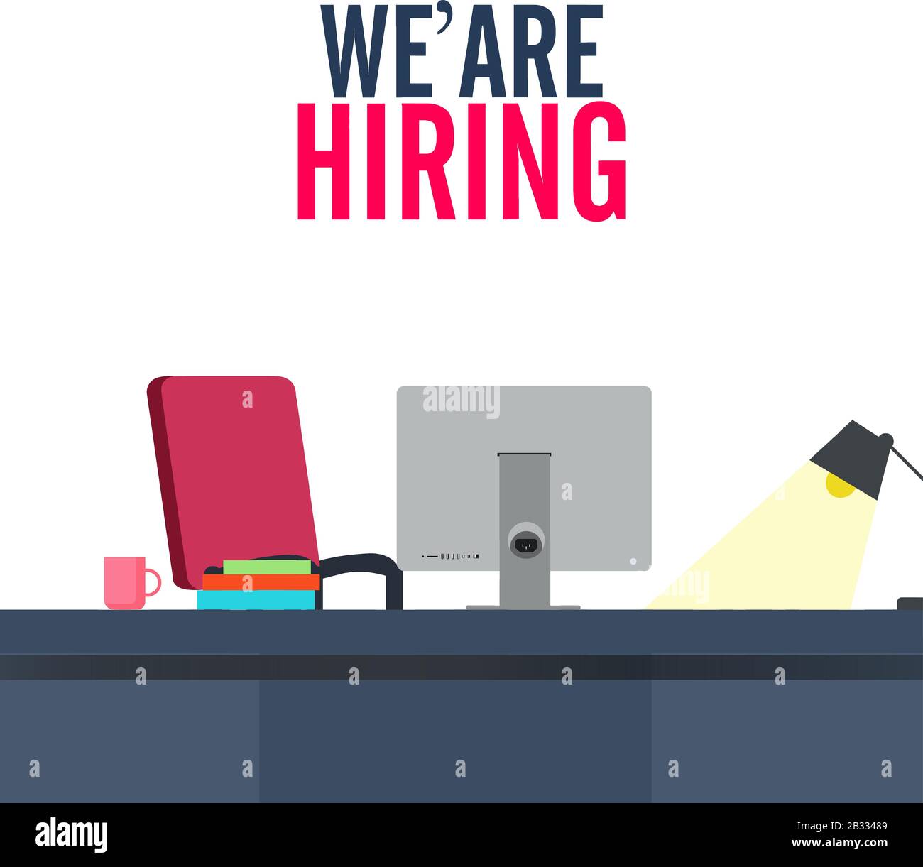 vector illustration on 'We're Hiring' with empty office workplace ready to be occupied by employees Stock Vector