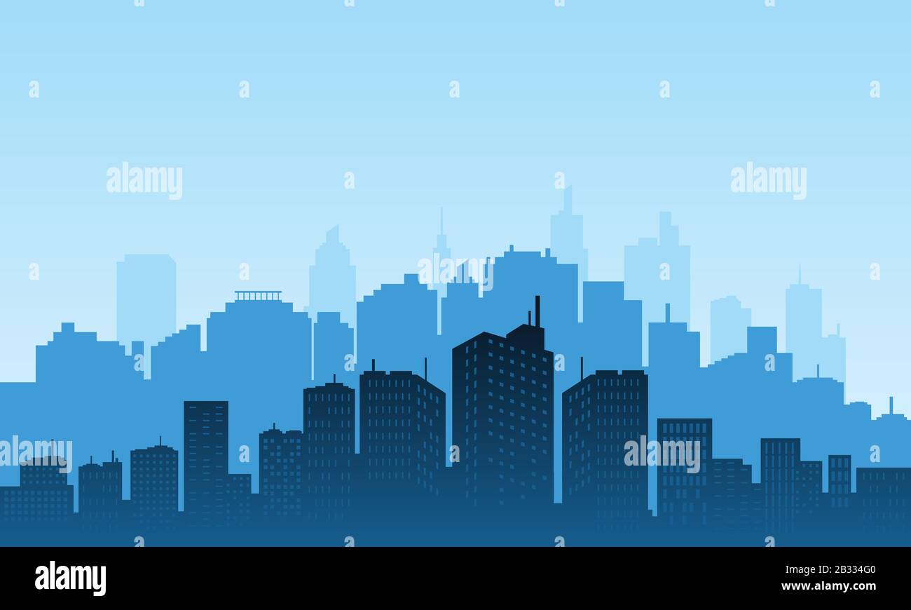 A city silhouette with lots of buildings and a foggy morning sky Stock ...