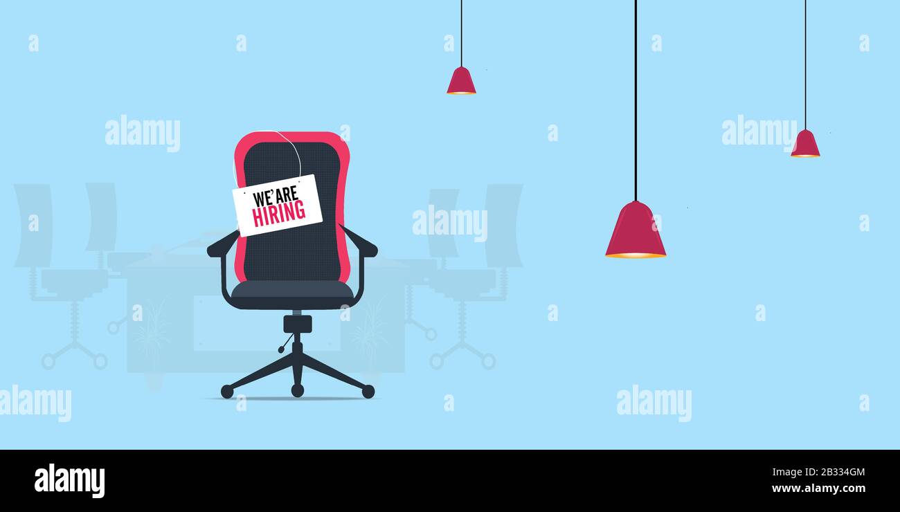 Office chair with 'Vacancy' sign. 'We're hiring' banner. HR, hiring, recruitment, Stock Vector