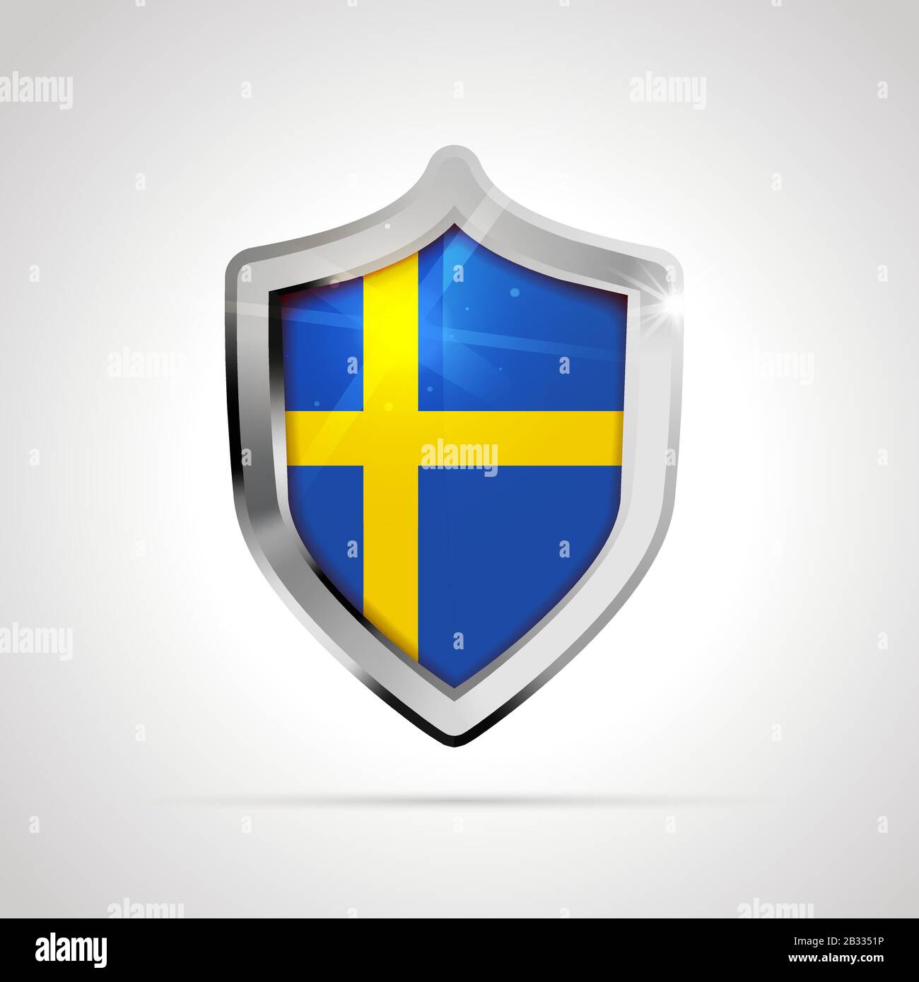 Sweden flag projected as a glossy shield on a white background Stock Vector