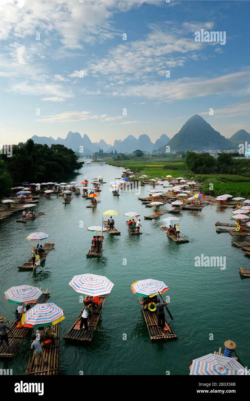 view of li river with bamboo raft, at Yangshuo ,china Stock Photo