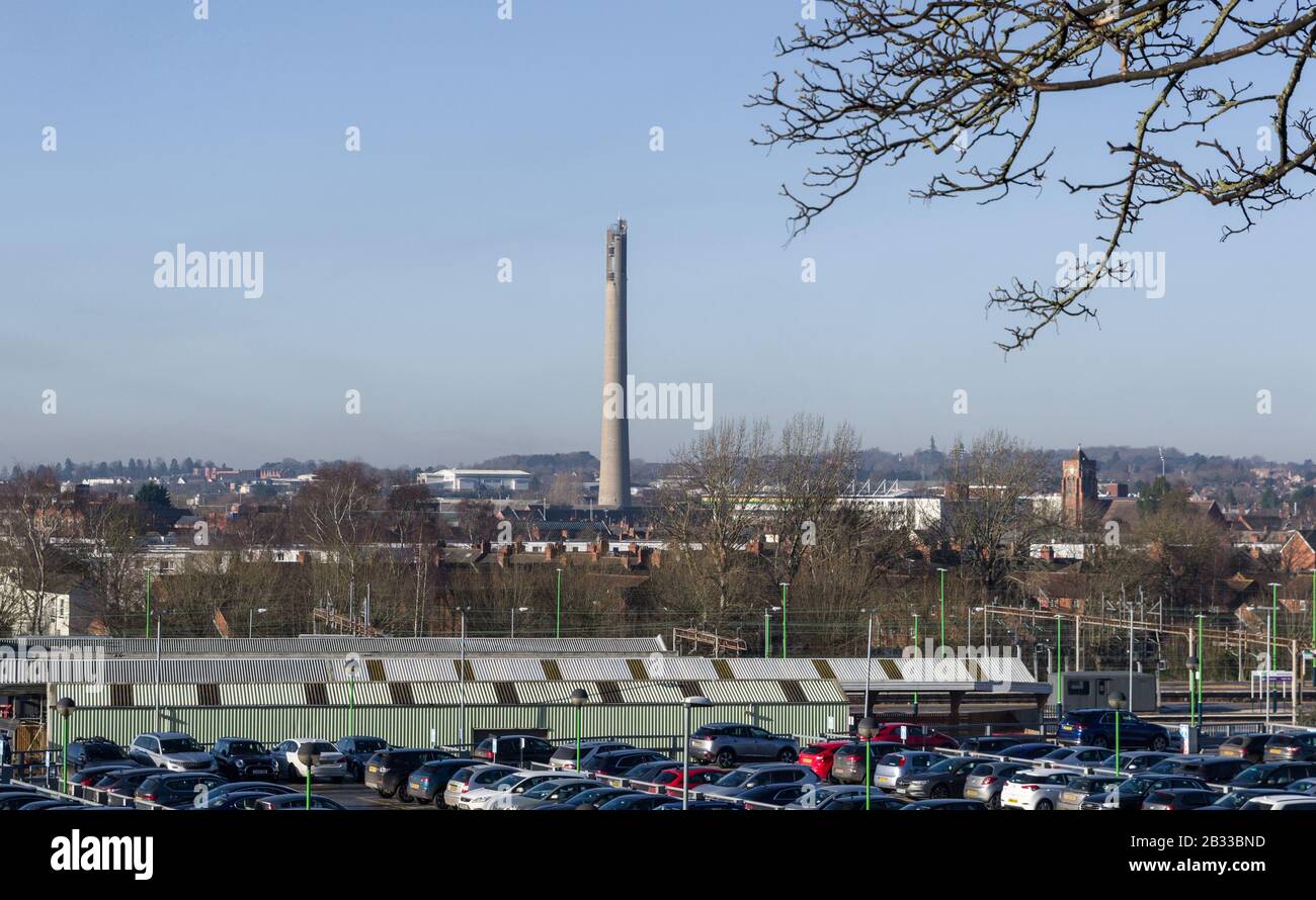 The iconic National Lift Tower viewed from Castle Mound, Northampton, UK; opened in 1982 it is now a centre for charity abseils. Stock Photo