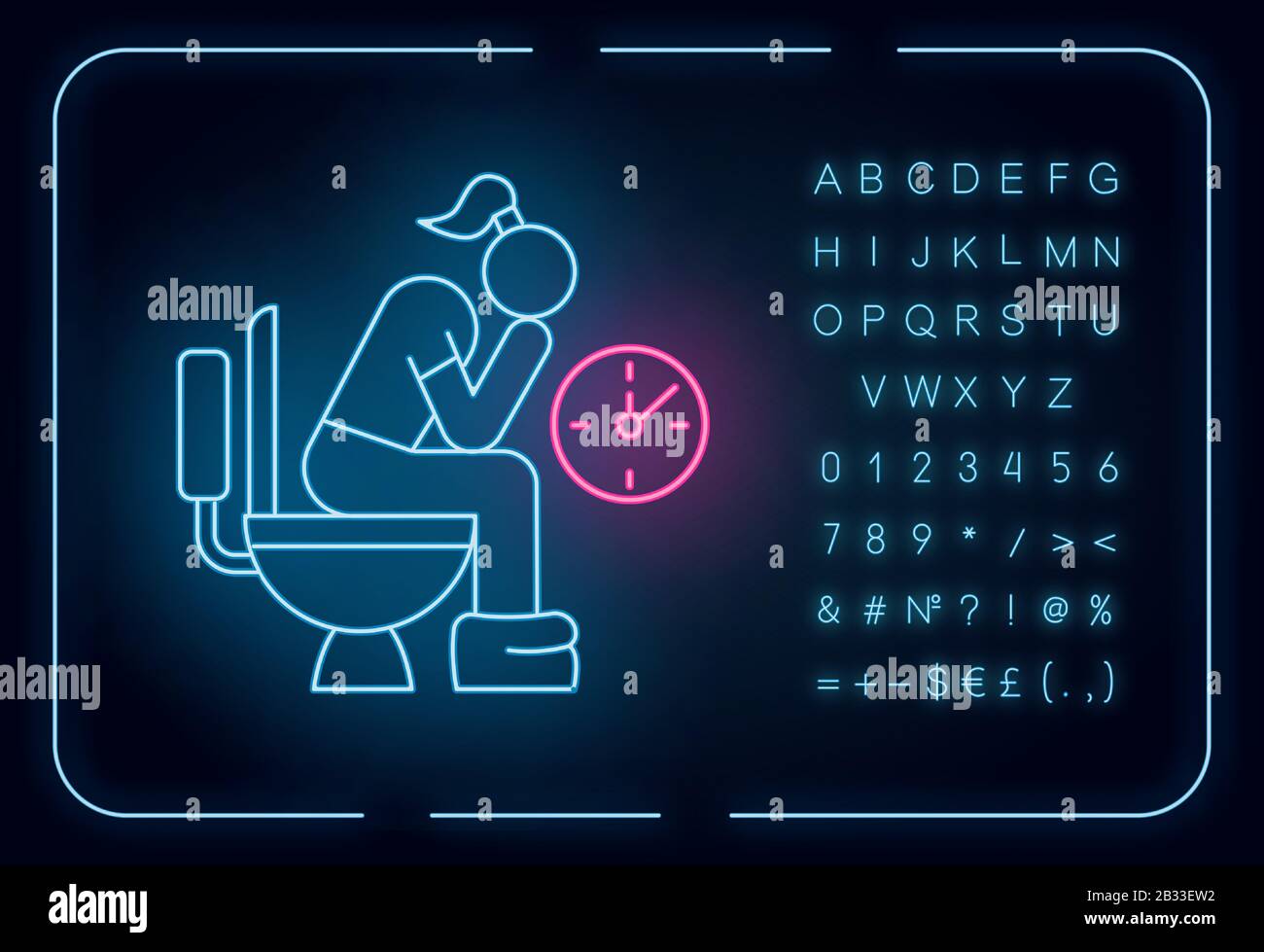 Constipation neon light icon. Menstruation pain. Period problem. Girl in lavatory. Woman on toilet. Digestive problem. Glowing sign with alphabet Stock Vector