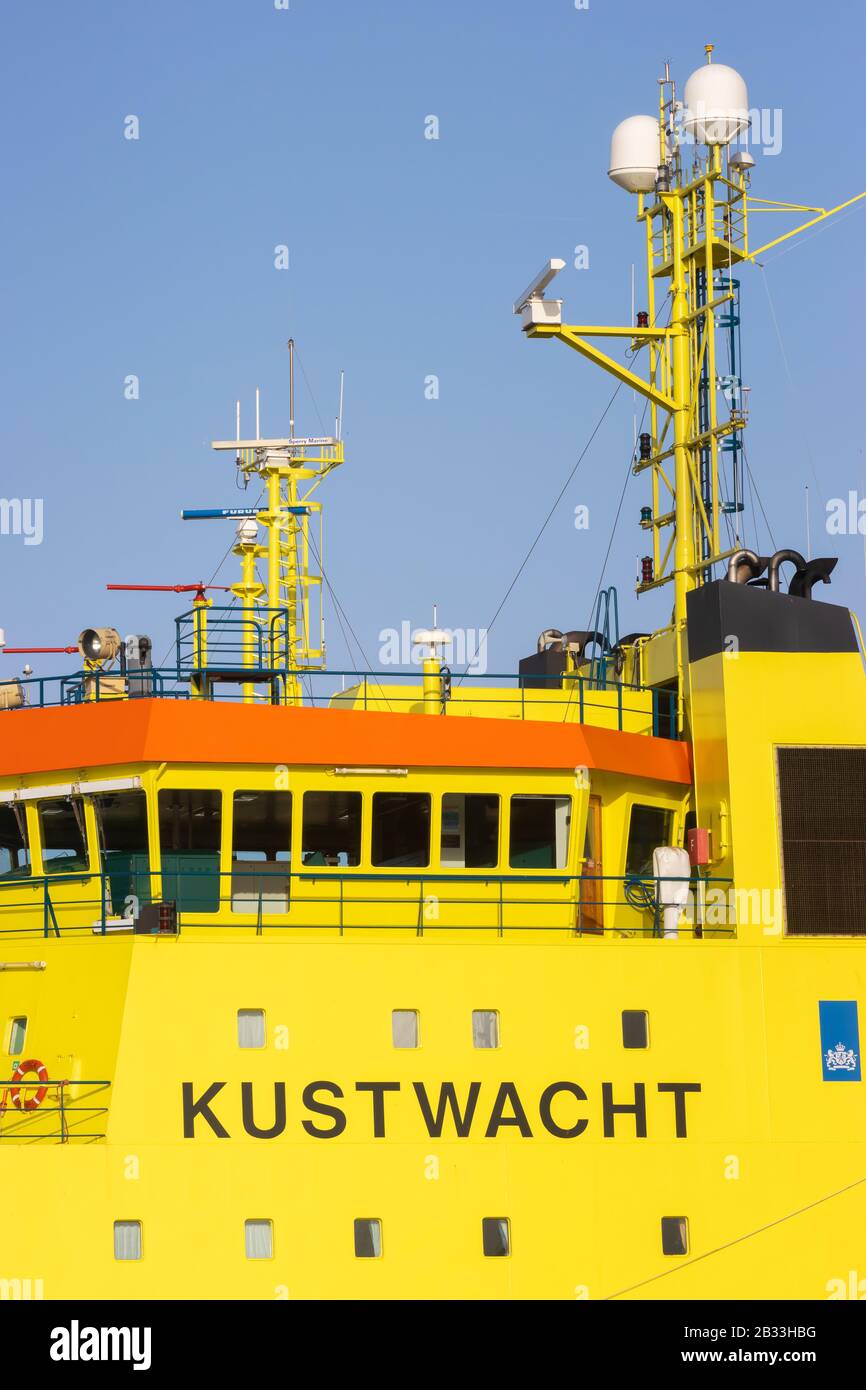 Scheveningen, The Netherlands - January 19, 2020: Detail of a Dutch coastguard ship in the harbour of the city of Scheveningen, The Netherlands Stock Photo