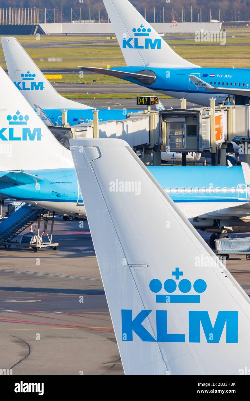 Schiphol, The Netherlands - January 16, 2020:  Aircraft rear wings of the Dutch airline KLM / Royal Dutch Airlines on Schiphol Airport, The Netherland Stock Photo