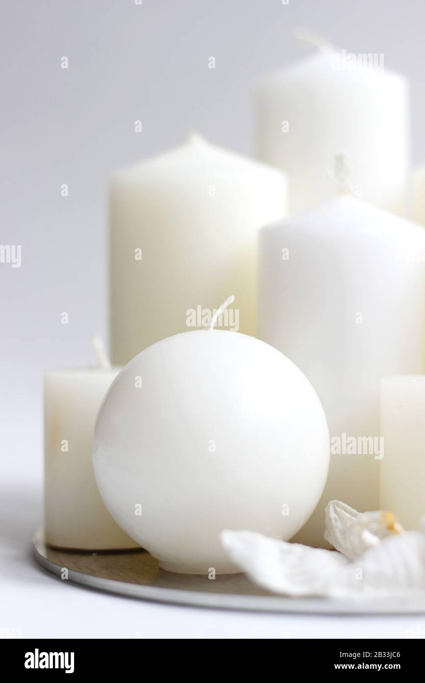 Christmas Flatlay Composition with Candles on a White Background. Festive Holidays Concept. Stock Photo