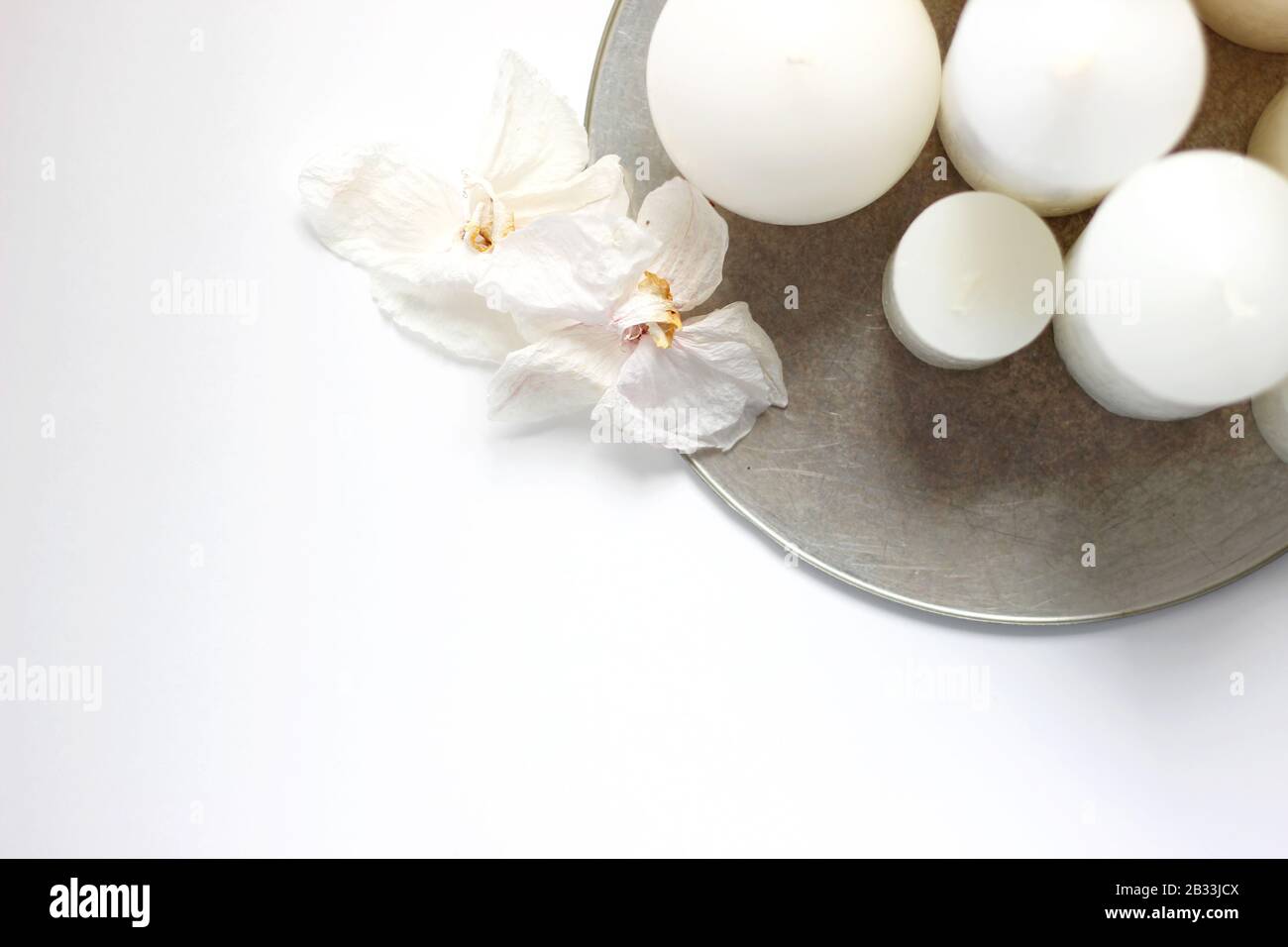 Flatlay Composition with Candles on a White Background. Festive Holidays Concept. Stock Photo