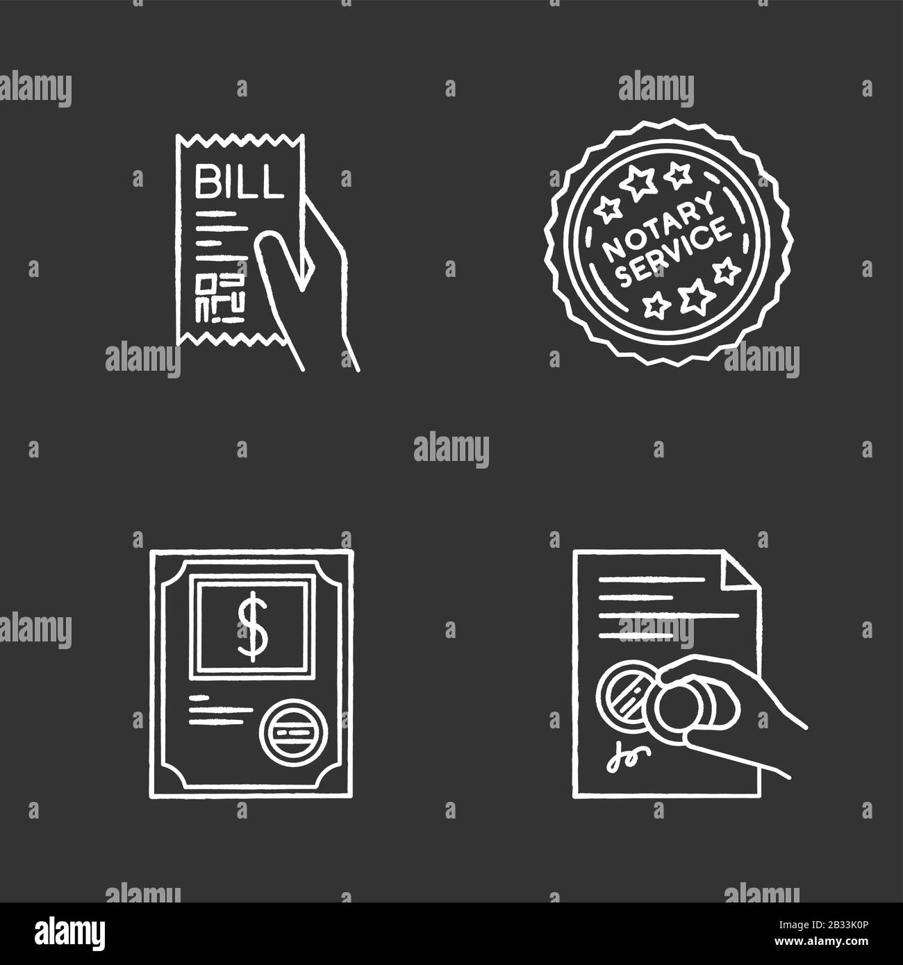 Notary services chalk white icons set on black background. Apostille ...