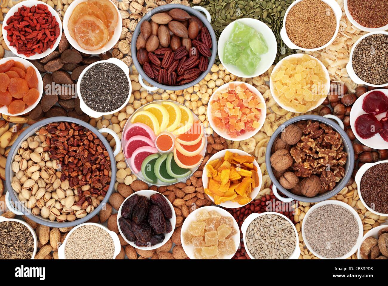 Dried fruit nuts and seed collection forming a background. Health food