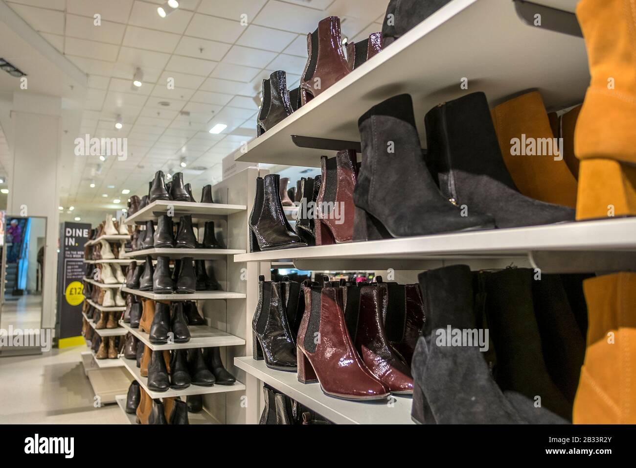 Various styles of womens shoes on display and on sale in a Marks and Spencer store, M&S, in Truro City centre in Cornwall. Stock Photo