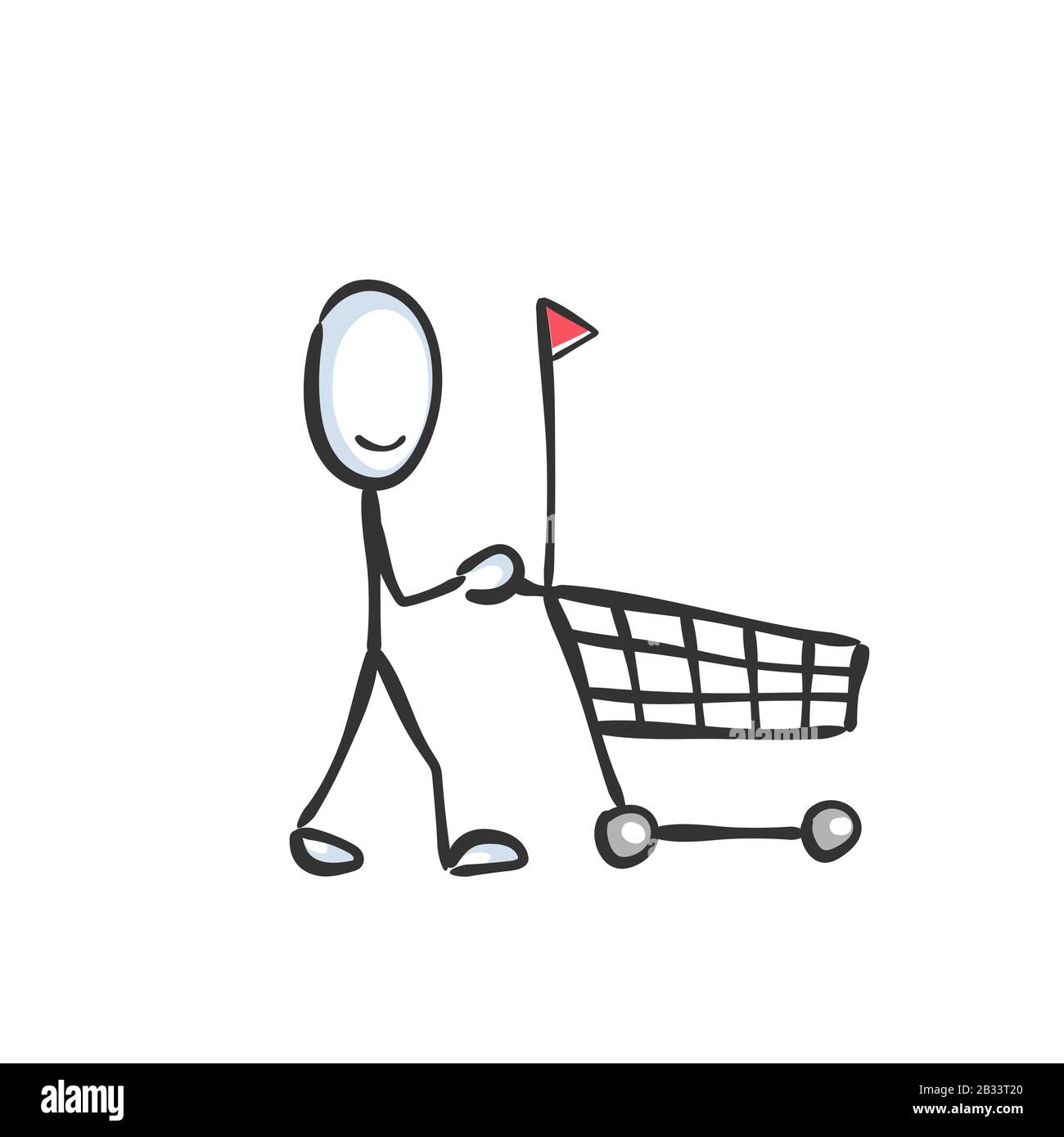 Supermarket shopping cart. Man in a store. Hand drawn. Stickman cartoon