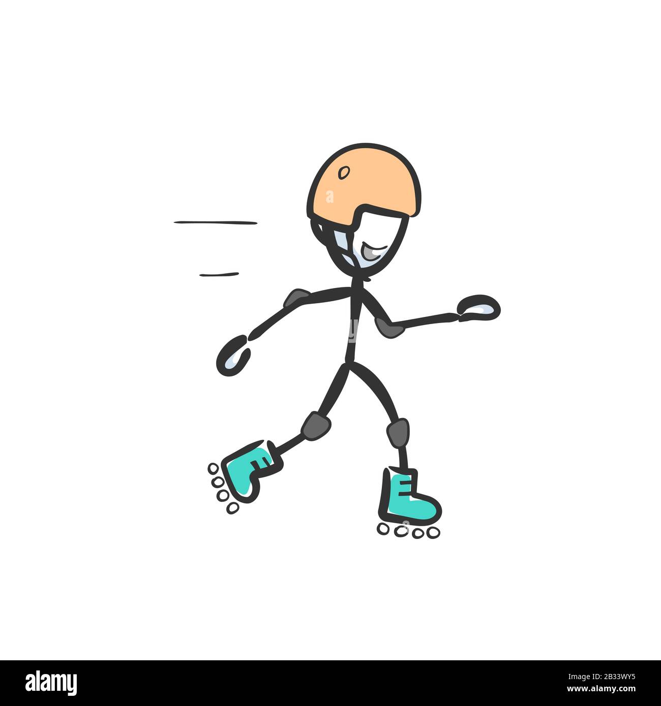 Roller skating ride. Fun active sports. Hand drawn. Stickman cartoon