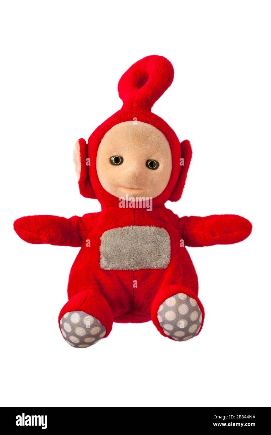 Well loved cuddly Po teletubby doll isolated on white background Stock Photo