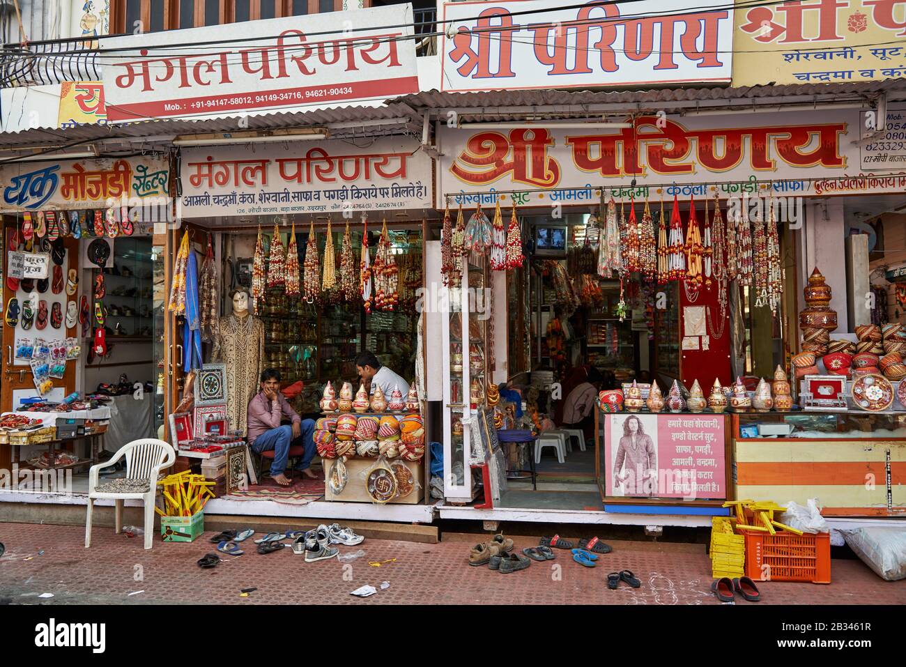 shop with weeding items in Udaipur, Rajasthan, India Stock Photo