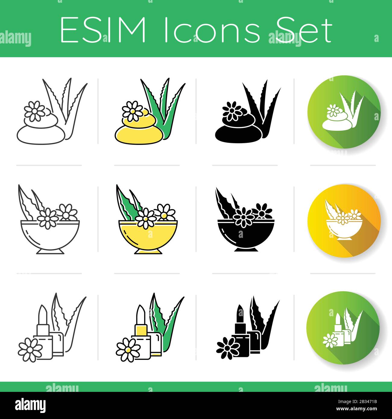 Aloe vera icons set. Spa treatment. Botanicals in bowl. Plant based cosmetic. Hygienical lip balm. Dermatology and skincare. Linear, black and RGB Stock Vector