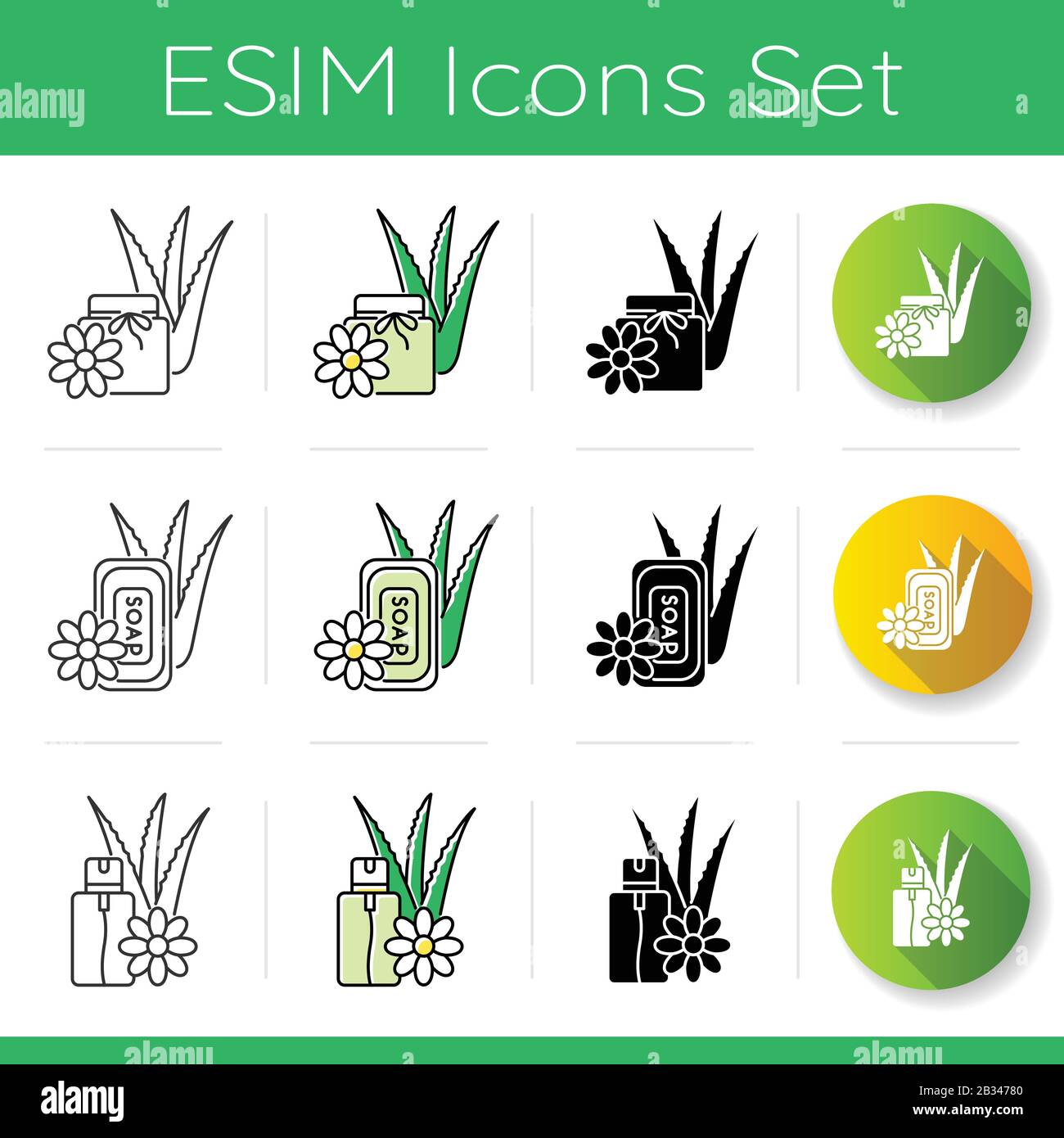 Aloe vera icons set. Cream with floral extract. Organic lotion with aloe vera. Bathing soap. Sprayer with liquid. Medicinal herbs. Linear, black and Stock Vector