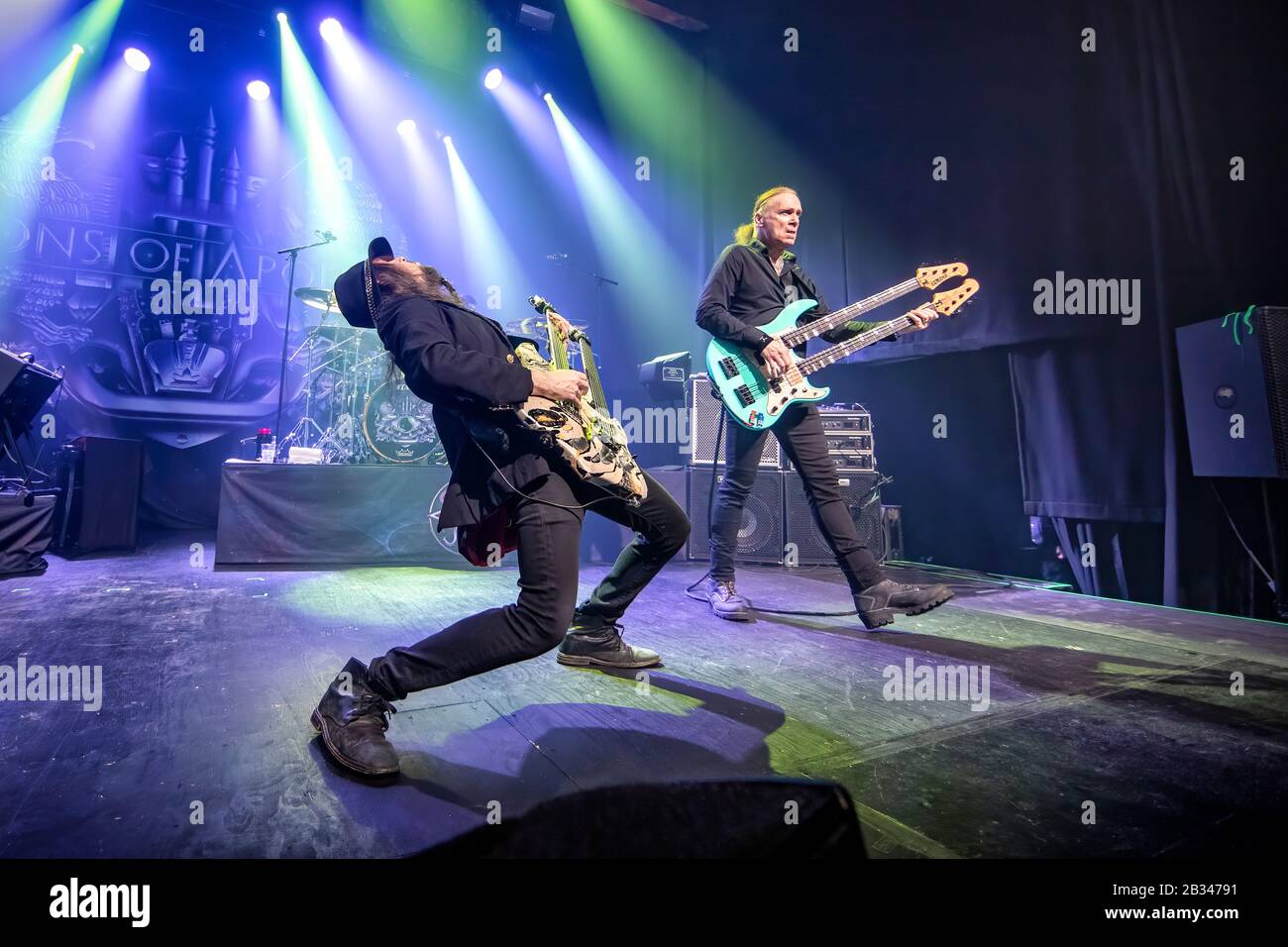 Drammen, Norway. 02nd, March 2020. The Amerian hard rock band Sons of Apollo performs a live concert at Union Scene in Drammen. Here guitarist Ron Thal a.k.a. Bumblefoot (L) is seen live on stage with bass player Billy Sheehan (R). (Photo credit: Gonzales Photo - Terje Dokken). Stock Photo
