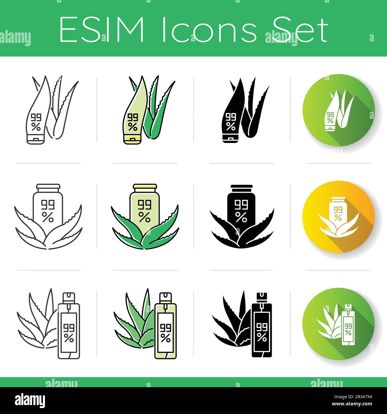 Aloe vera icons set. Lotion in tube with aloe vera. Cosmetic with medicinal herbs. Natural cosmetic in bottle and jar. Linear, black and RGB color Stock Vector