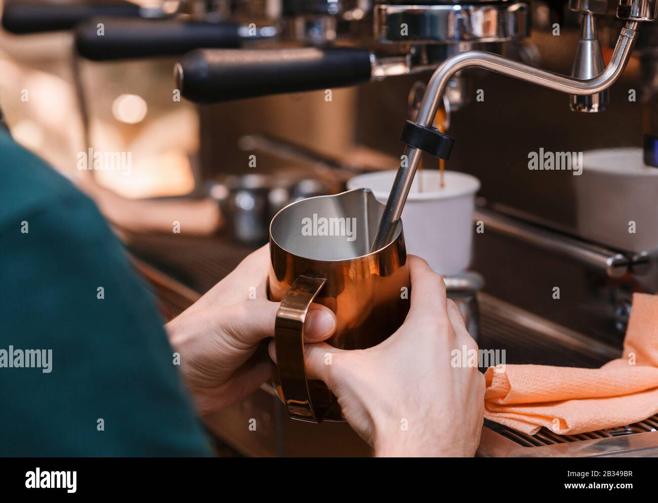 Male Hands Making Coffee Drink Using CoffeeMachine In Cafeteria Stock