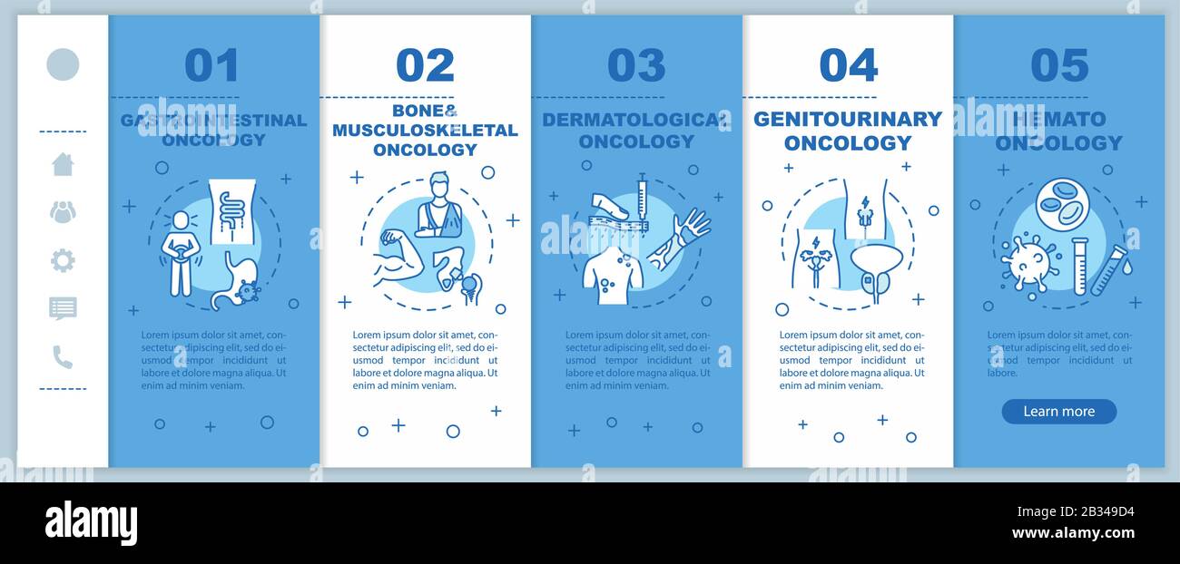 Oncology onboarding vector template. Bone and musculoskeletal cancer. Responsive mobile website with icons. Gastrointestinal oncology. Webpage Stock Vector
