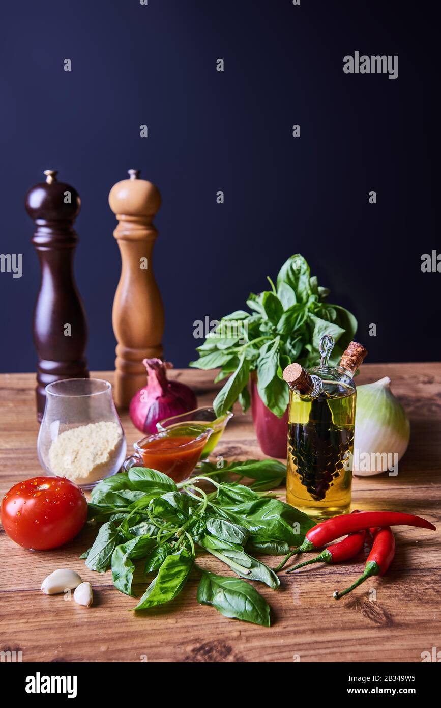 Fresh vegetables on the wooden table prepared for cooking Stock Photo