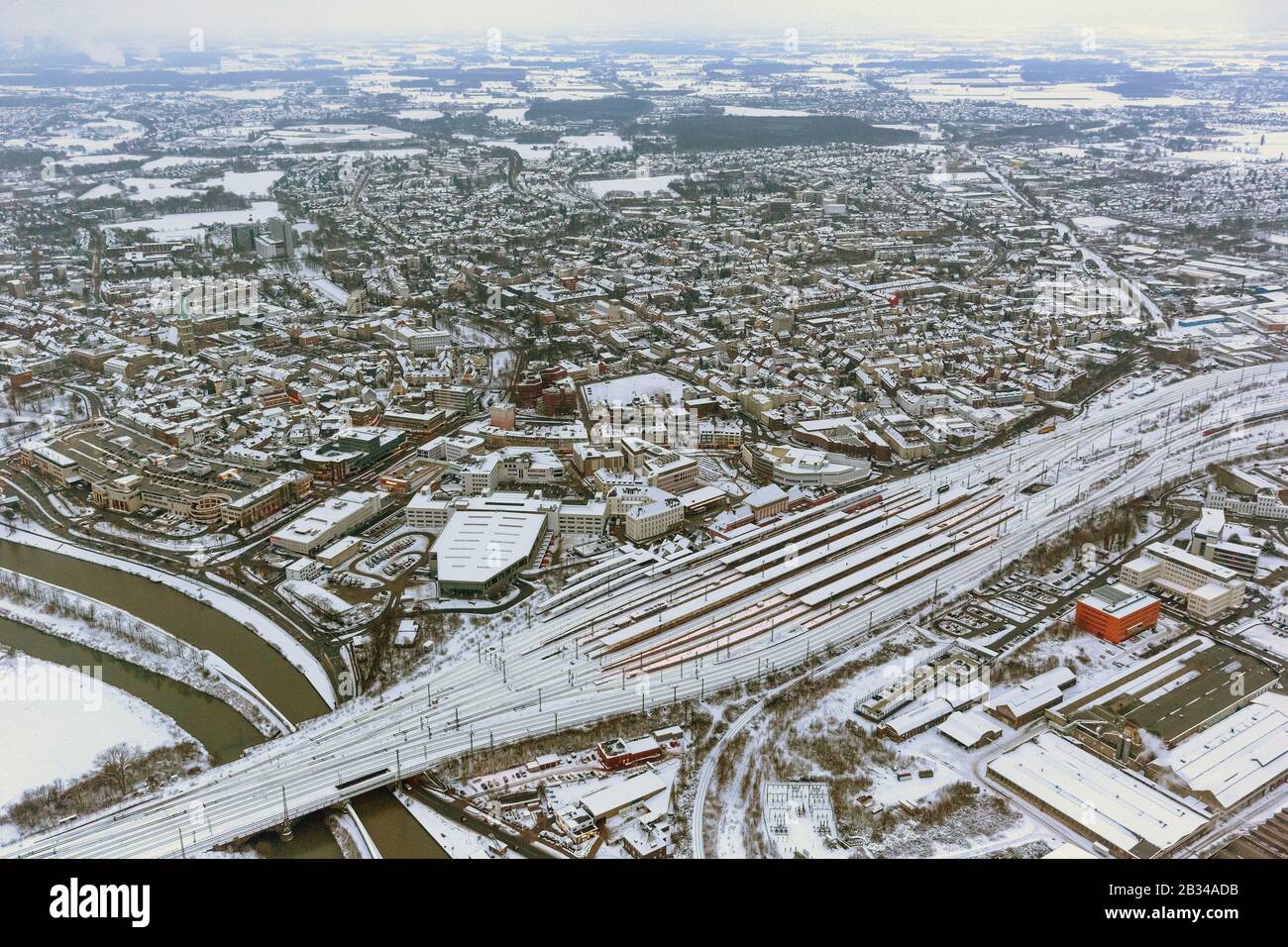 center of Hamm with main station and Kleist Forum, 26.01.2013, aerial view, Germany, North Rhine-Westphalia, Ruhr Area, Hamm Stock Photo