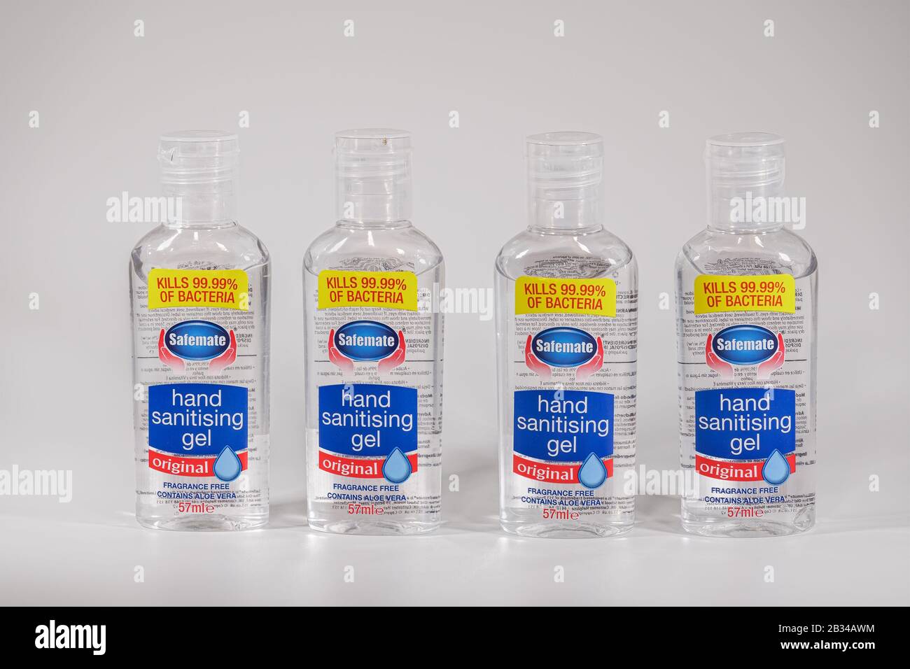 Alcohol-based hand sanitizer antiseptic gels against white background. Bottles of Safemate liquid, used as a hand disinfectant to kill bacteria. Stock Photo