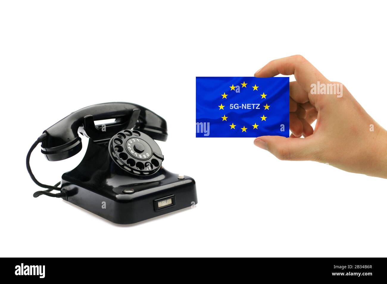 5G network, hand with calling card and old analog telephone, Europe Stock Photo