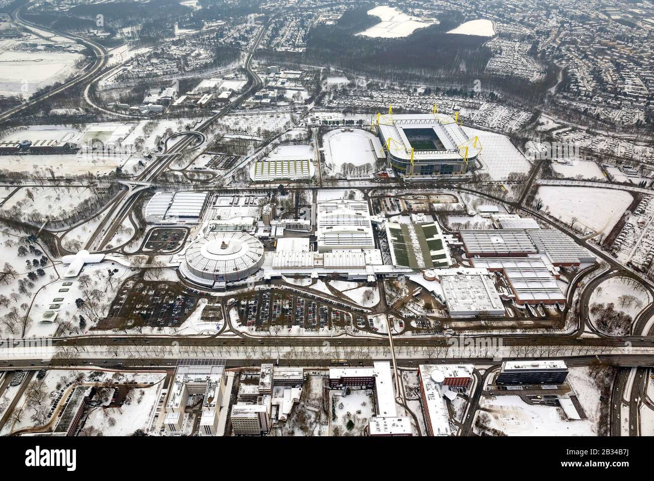 snow-covered terrain of Borusseum, the Signal Iduna Park and soccer stadium Westfalenstadion of Dortmund BVB, 19.01.2013, aerial view, Germany, North Rhine-Westphalia, Ruhr Area, Dortmund Stock Photo
