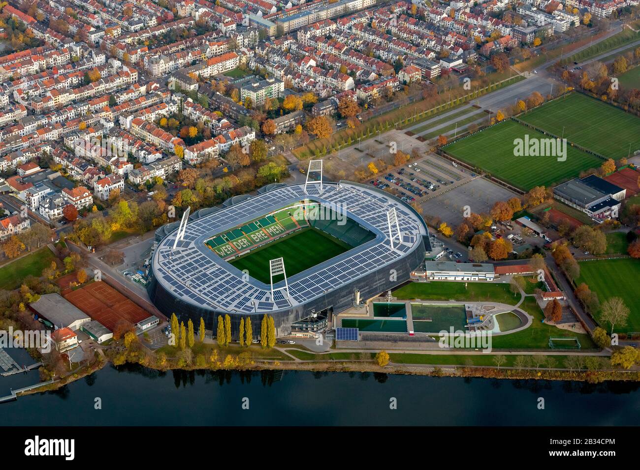 , Weser Stadium in Bremen at river Weser, the stadium of the Bundesliga club Werder Bremen, 14.11.2012, aerial view, Germany, Bremen Stock Photo