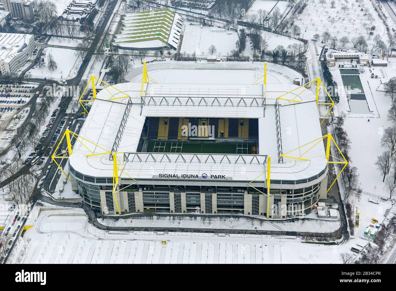 snow-covered soccer stadium Westfalenstadion of Dortmund BVB, 19.01.2013, aerial view, Germany, North Rhine-Westphalia, Ruhr Area, Dortmund Stock Photo