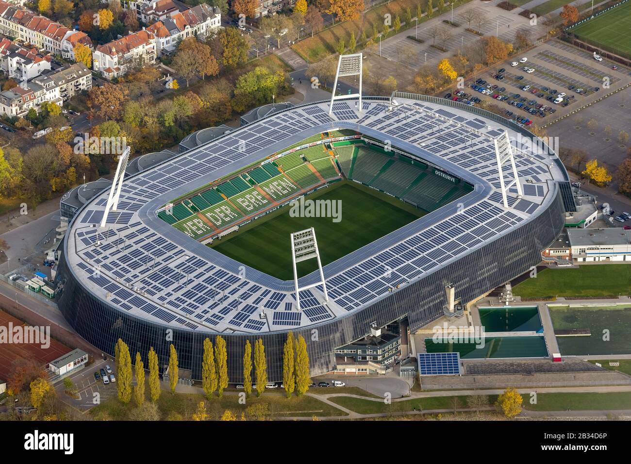 , Weser Stadium in Bremen, the stadium of the Bundesliga club Werder Bremen, 14.11.2012, aerial view, Germany, Bremen Stock Photo